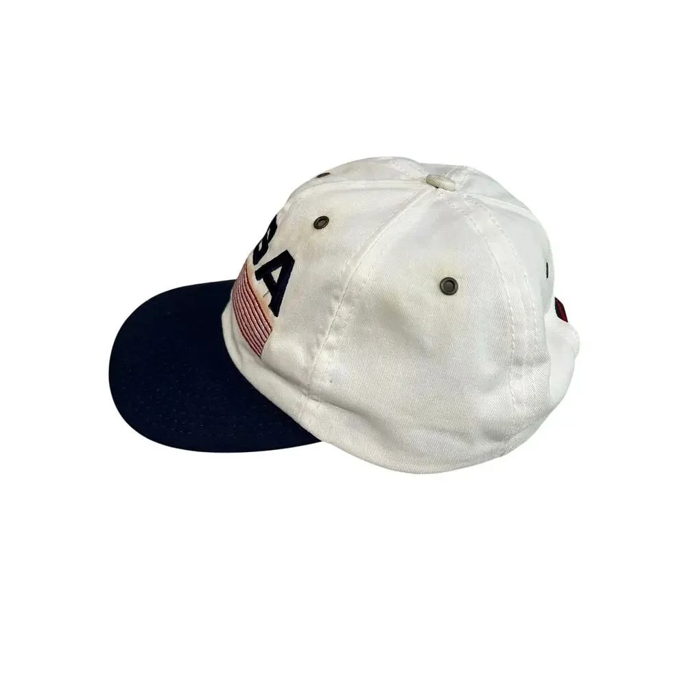 Vintage 90s Nike USA Flag Snapback Hat Made in USA White Navy Olympic Cap